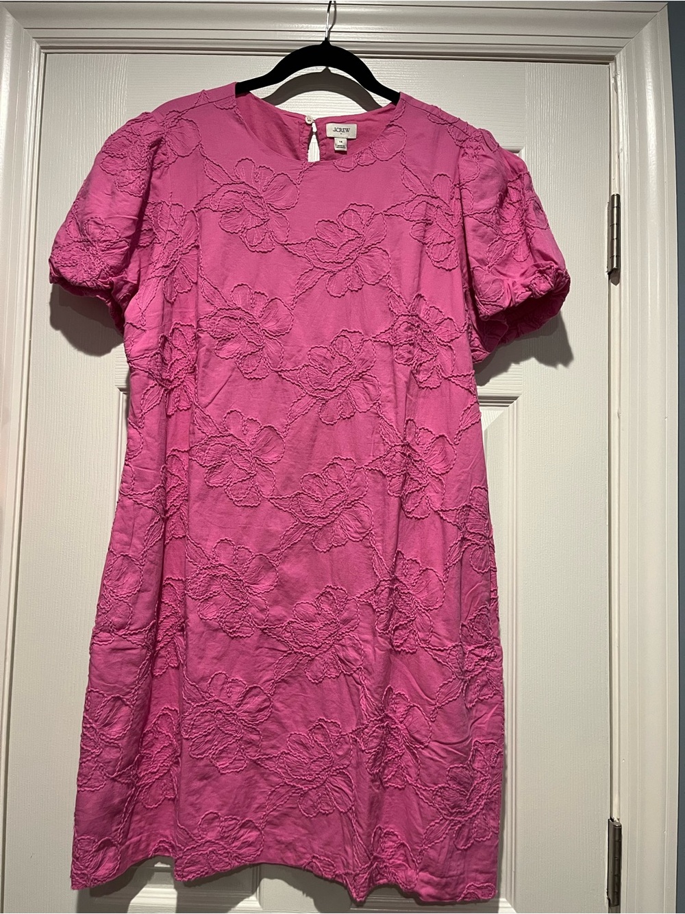 J. Crew Hot Pink Embroidered Puff-Sleeve Dress - Picture 5 of 7